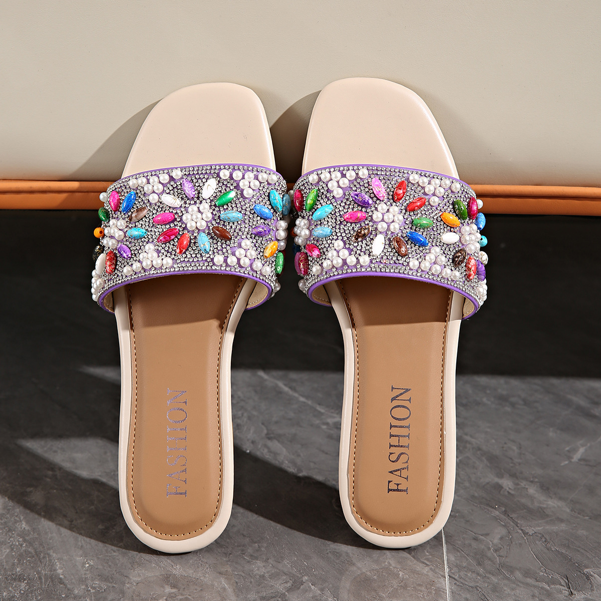 Flache Sandalen im Ethno-Stil, Übergröße, Strass-Perlen-Strandsandalen für Damen, Sommer_voghion.com