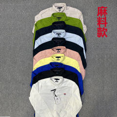 春季新款舒适休闲麻料薄款男装衬衫青年时尚柔软汤米标长袖衬衣
