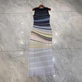 跨境多巴胺无袖针织连衣裙女装彩色艺术生条纹修身遮肚子背心长裙