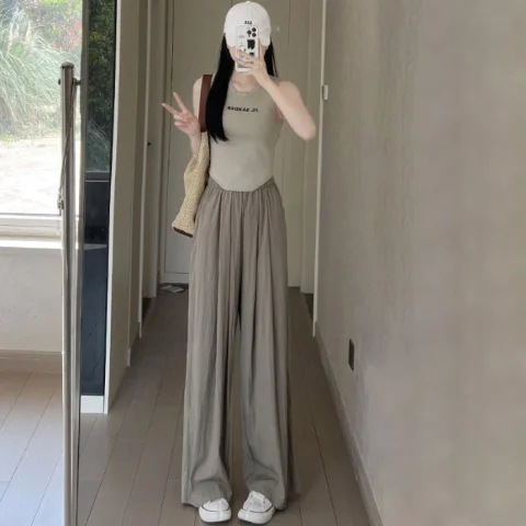 Cross-border Yamamoto ice silk high-waisted flowing relaxed wide-leg pants summer thin lazy pleated loose straight-leg pants for women