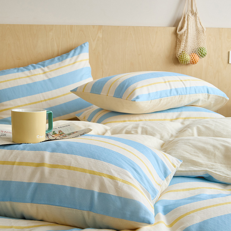 Nordic French Vintage Boho Double-layer All-cotton Four-piece Set, Pure Cotton Striped Simple High-end Bedding, Three-layer Gauze Bed Sheet And_voghion.com