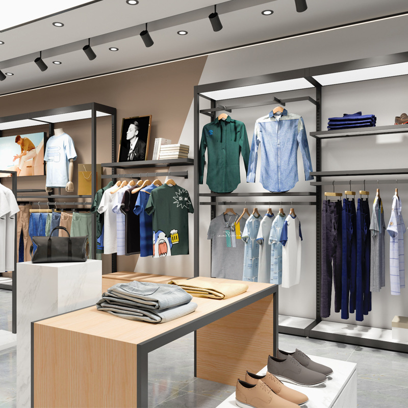 Tienda de celebridades en línea estante de ropa tienda de ropa soporte de exhibición percha de piso con luz combinación de estante de tienda de ropa para hombres de alta gama