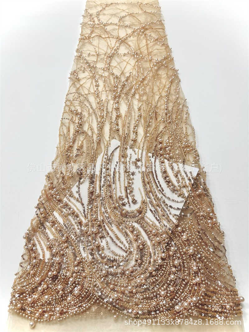 Curva de vórtice de flujo pesado clavos tela de malla tamaño perla sequinilla banquete anfitrión tela de vestido