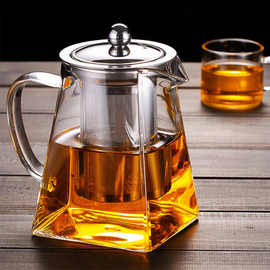 不锈钢过滤内胆花茶壶透明玻璃方底圆口泡茶壶 可加热普洱煮茶壶