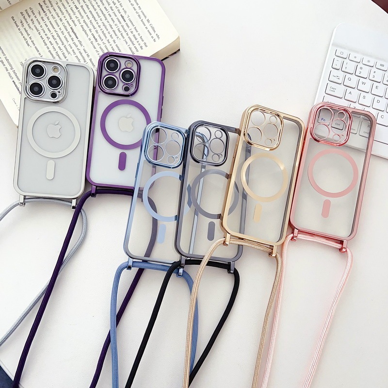 Suitable for iPhone 16 Electroplated Lanyard Phone Case 15Pro Transparent Magnetic Apple 17 Cross-Body Anti-Fall Protective Case