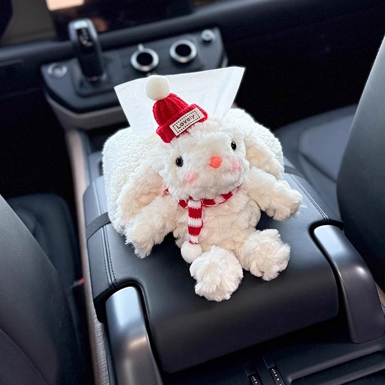 Caja de apoyabrazos de coche de conejo creativo caja de pañuelos de papel de dibujo almacenamiento en coche 2024 nuevo sentido muñeca de coche mujer