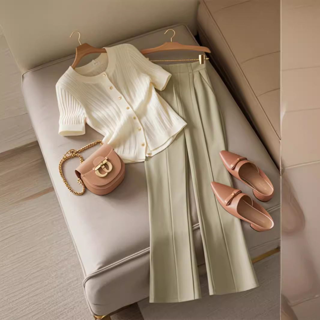 Bộ hai mảnh nữ mùa hè phong cách muối thanh lịch, tôn dáng trẻ trung — Màu trắng kaki