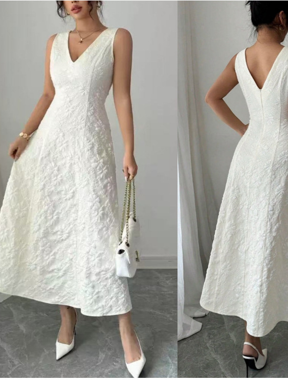 2025 Amazon AliExpress Europese en Amerikaanse grensoverschrijdende V-hals jacquard lente en zomer temperament mouwloze rugloze taille jurk