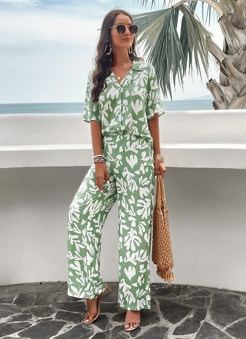 315g Weight Half Sleeve Sleeve Length Spandex Fabric Type Pant Co-ord Set Sets Type 2 Pieces Set Quantity Daily, Beach Occasion Turndown Neckline Slim Fit Type Printing, Geometric Pattern Summer Season Women's Gender Vacation Style Daily Beach Women's Vacation Printing Geometric Spandex Pant Co-ord Set Pants Sets 3