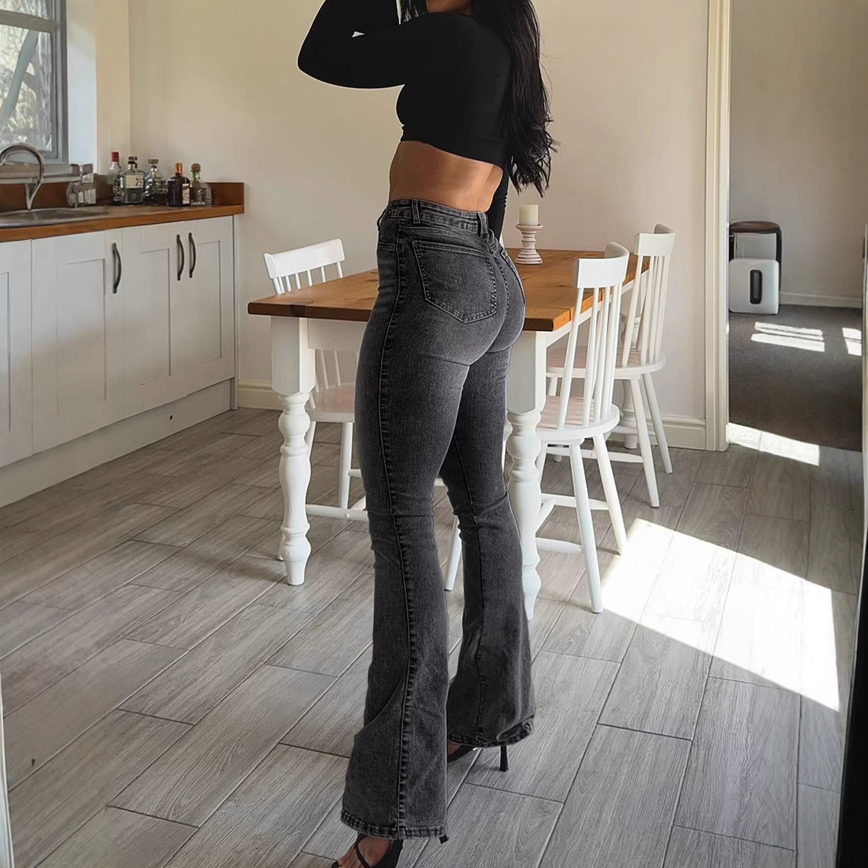 Women's Grey Stretch Flared Jeans High Waisted Vintage Bootcut_voghion.com