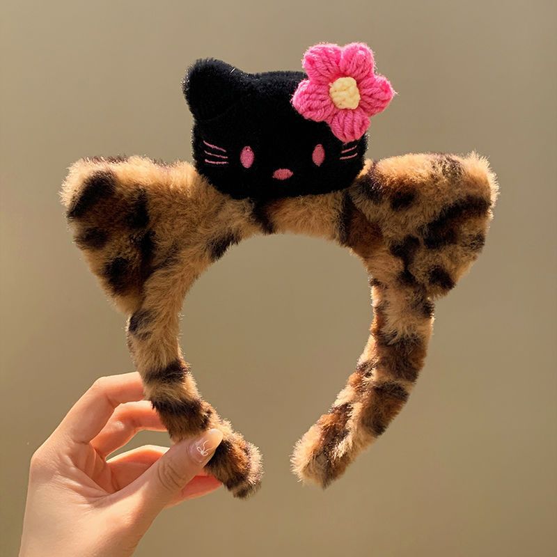 Hermoso leopardo gatito peluche casero lavado de la cara de la niña de la cabeza de la banda de maquillaje máscara de presión de cabello joyas de cabello