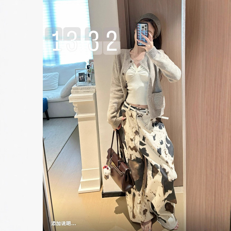 American Fashion Loose Lazy Relaxed Jeans for Women Retro Washed Apricot Cow Pattern Printed Floor-Length Pants
