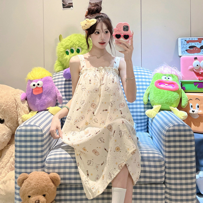 2025 nuevo pijama de hilo de algodón de nube camisón de verano para mujer linda niña dulce con cojín para el pecho servicio a domicilio