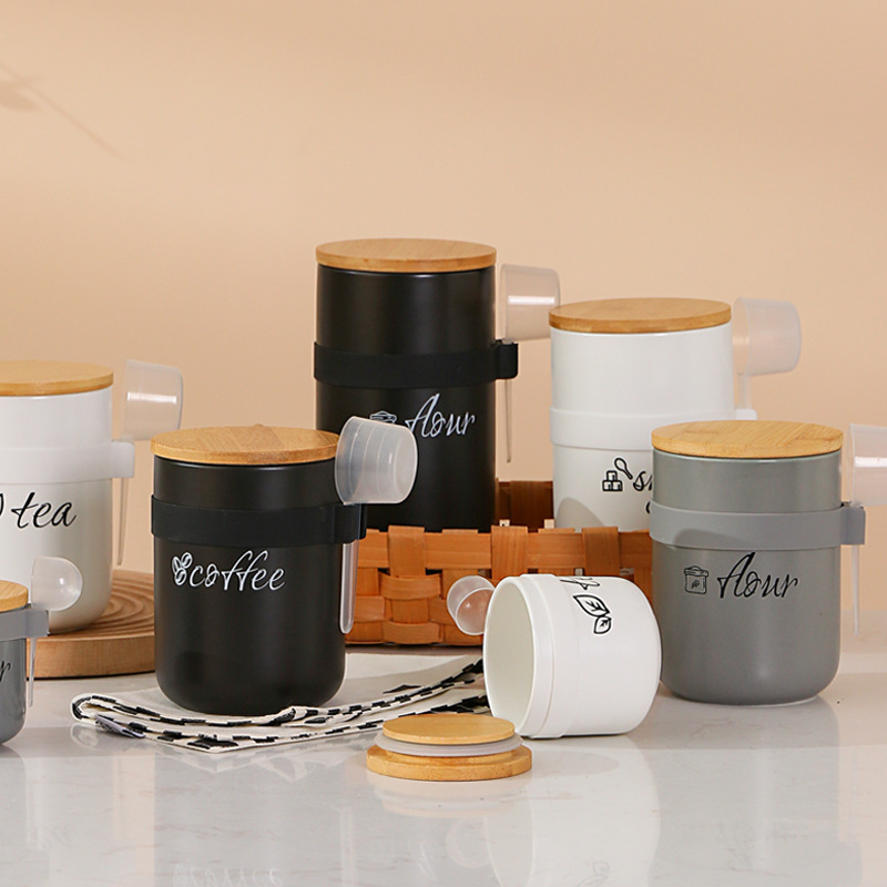 陶瓷儲物罐廚房密封罐帶勺帶標籤儲存罐茶葉罐三件套收納罐咖啡罐