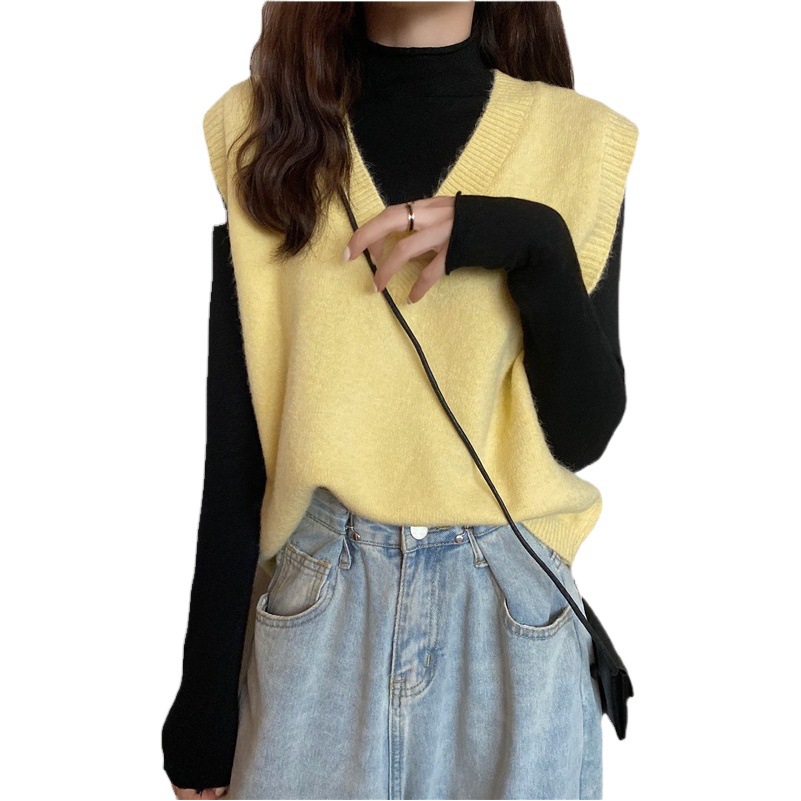 2023 otoño e invierno nuevo color sólido con cuello en V chaleco sin mangas chaleco abrigo suéter de las mujeres Chaleco de punto superior ins comercio exterior
