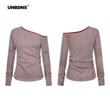 UNBDNS红色斜肩上衣女条纹秋季新款辣妹修身显瘦短款长袖T恤潮