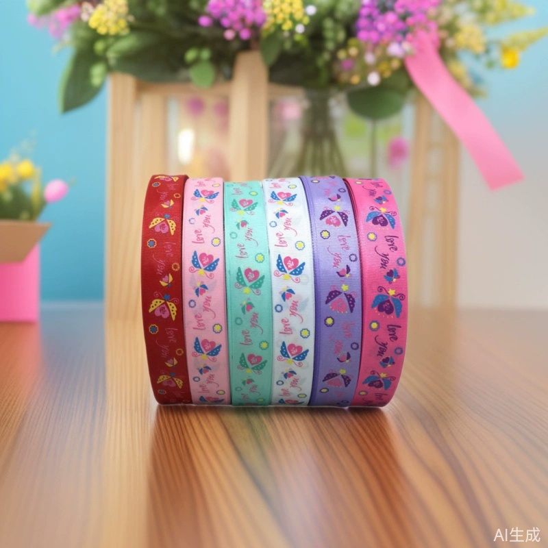 25MM印刷love You英文带罗纹织带8分爱心玫瑰花螺纹丝带DIY蝴蝶结