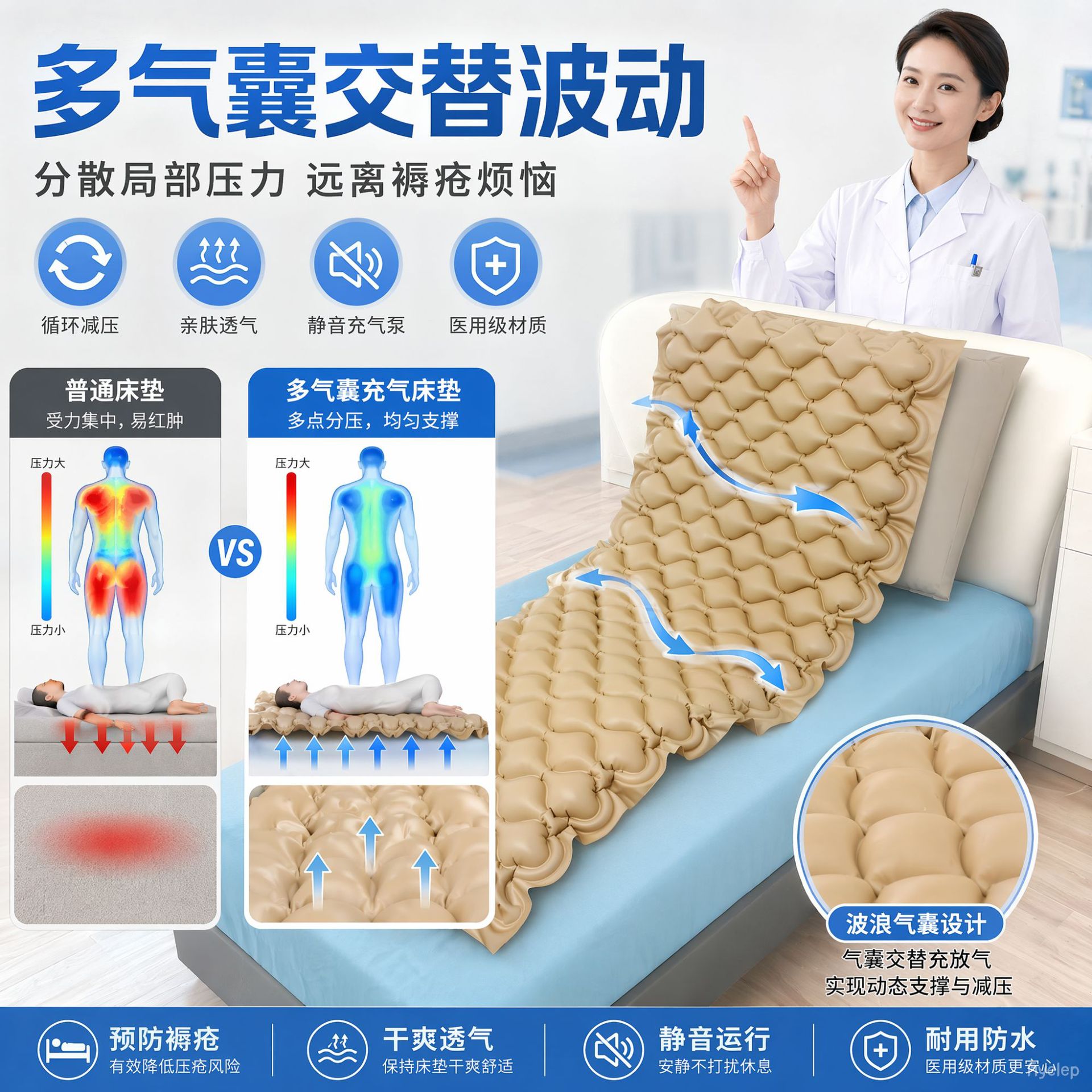 Colchón de aire antidecúbito, cojín de aire con circulación fluctuante para dormir, inflable para ancianos postrados en cama, colchón esférico individual de cuidado. image 4