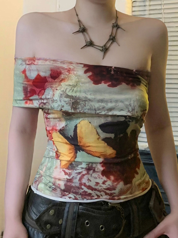 恋布忘れ古着蝶染めプリント片肩非対称抹胸上着ギャル風ガードルtシャツ|undefined