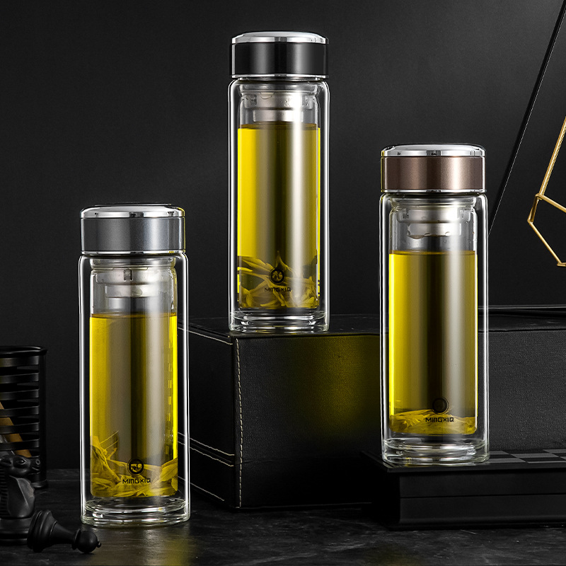 BrightSun Glass Cup, Double-Layer Tea Mug with Filter, Portable Design for Men—Perfect for Business, Office Use, or as a Gift; Wholesale Available with Customizable Printing