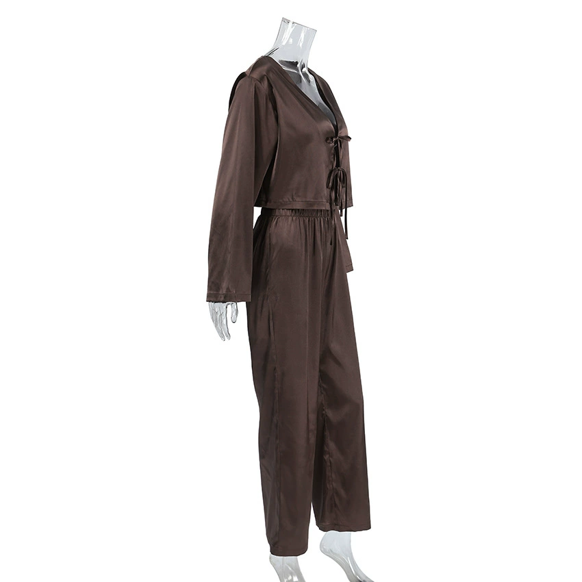 Summer long‑sleeve pajama set, trousers and top, European style, soft stretch (95% polyester)