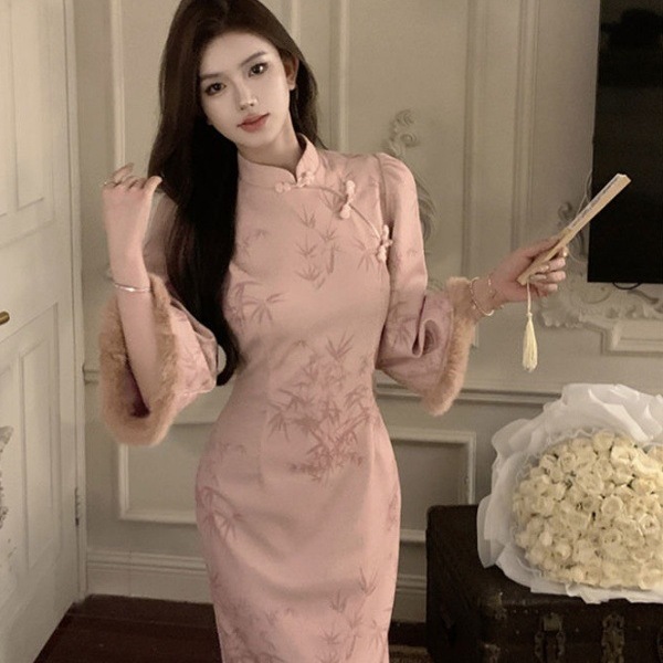 新中式国风改良旗袍印花连衣裙女装秋冬加厚复古气质收腰包臀长裙