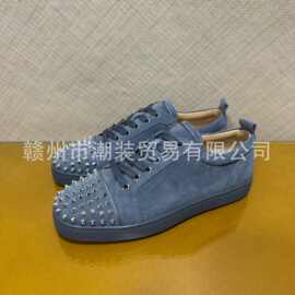 cl andgz男鞋灰色牛皮麂皮银铆钉低帮红底鞋情侣女鞋运动休闲板鞋