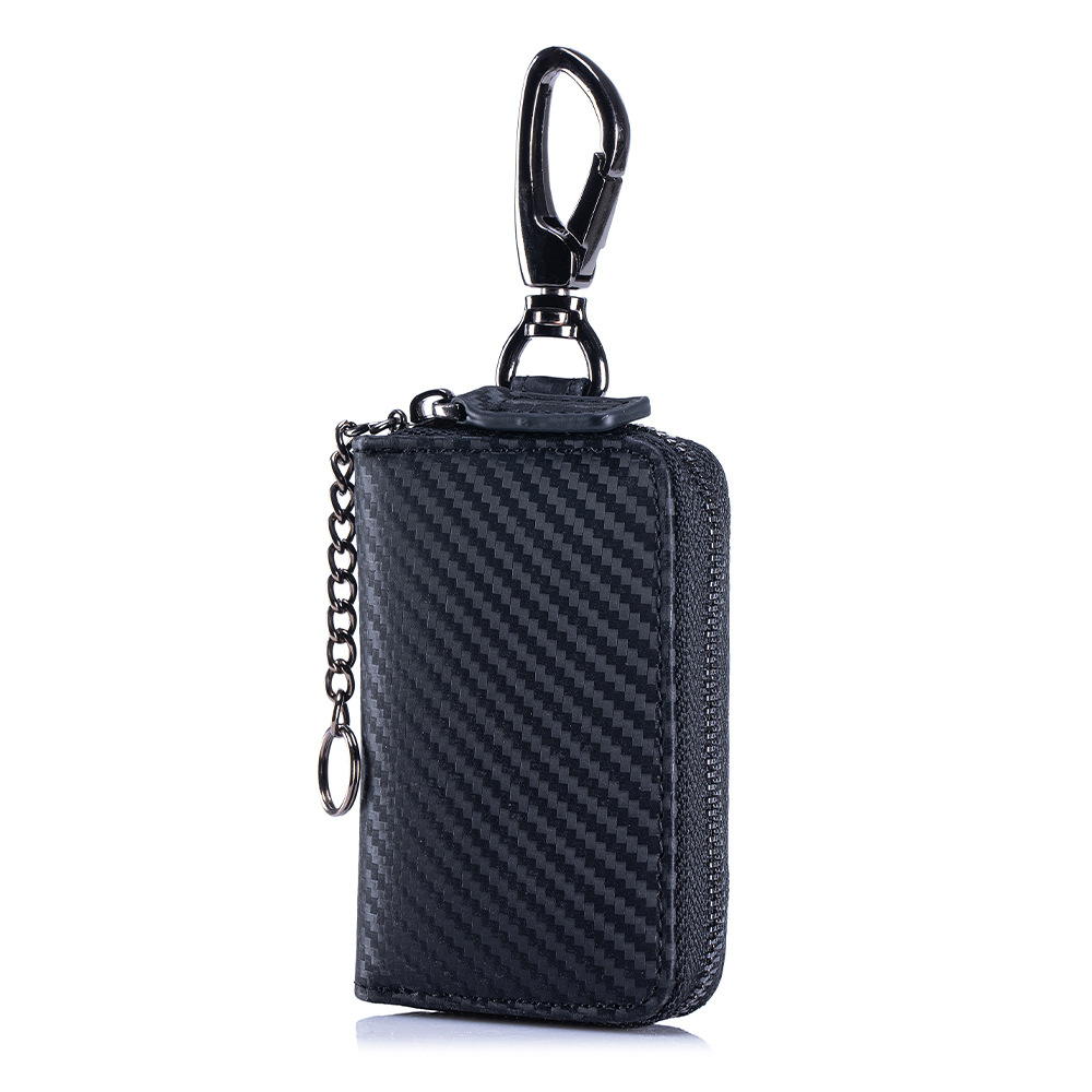 Carbon Fiber Leather Waist Key Holder for Men, Portable Zipper Car Key Case, Home Access Card Key Storage Bag