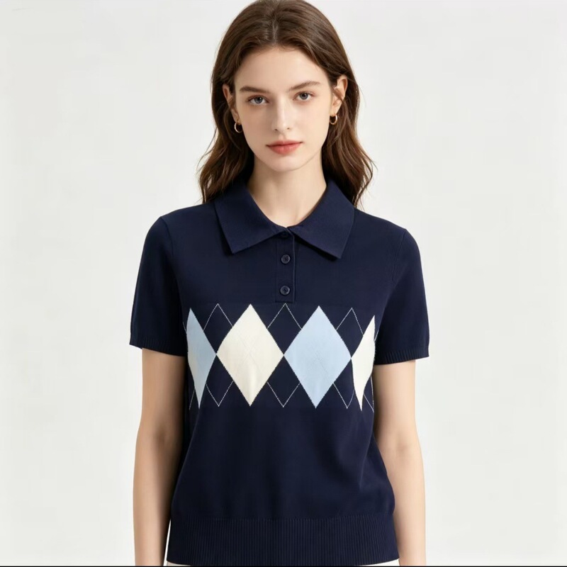 European and American Cross-Border Knitwear Women's Short-Sleeved 2026 Summer Polo Collar Slim Fit Casual Thin T-Shirt Top for Petite Women