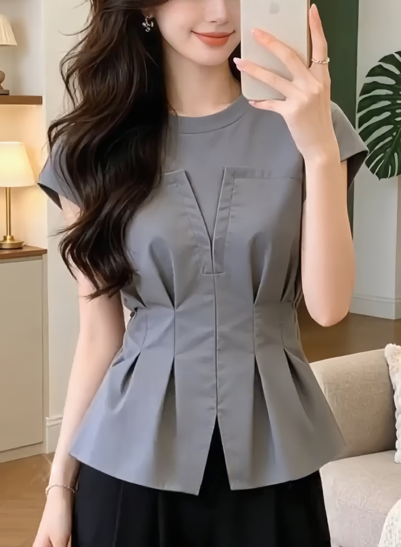 Áo sơ mi ngắn tay nữ phối mảnh thiết kế eo thon — màu trắng chi tiết 6
