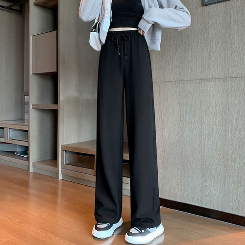 Women's cotton sport pants 2025 new small size sweatpants narrow waist high waist straight leg summer thin casual wide-leg pants 