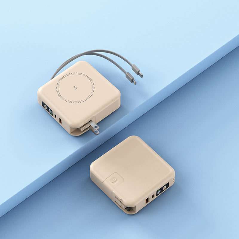 Power Bank 5 en 1 con enchufe, carga rápida PD20W, carga inalámbrica, cable retráctil y succión magnética