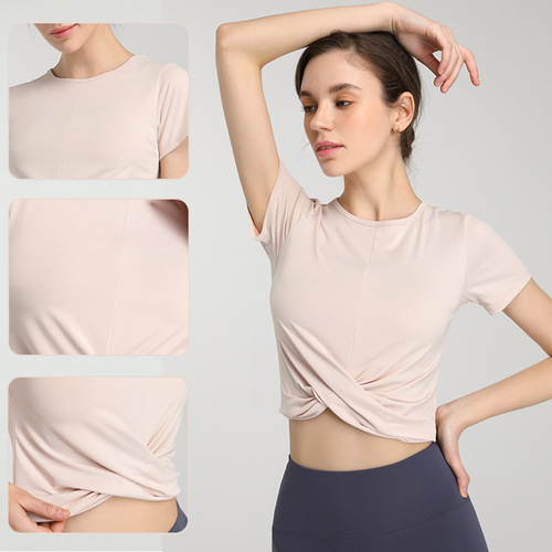Nude Sensation Quick-Dry Sport Running Short-Sleeve T-Shirt Cross-Waist Breathable Yoga Outfit Sexy Crop Top Fashion Fitness Top for Women