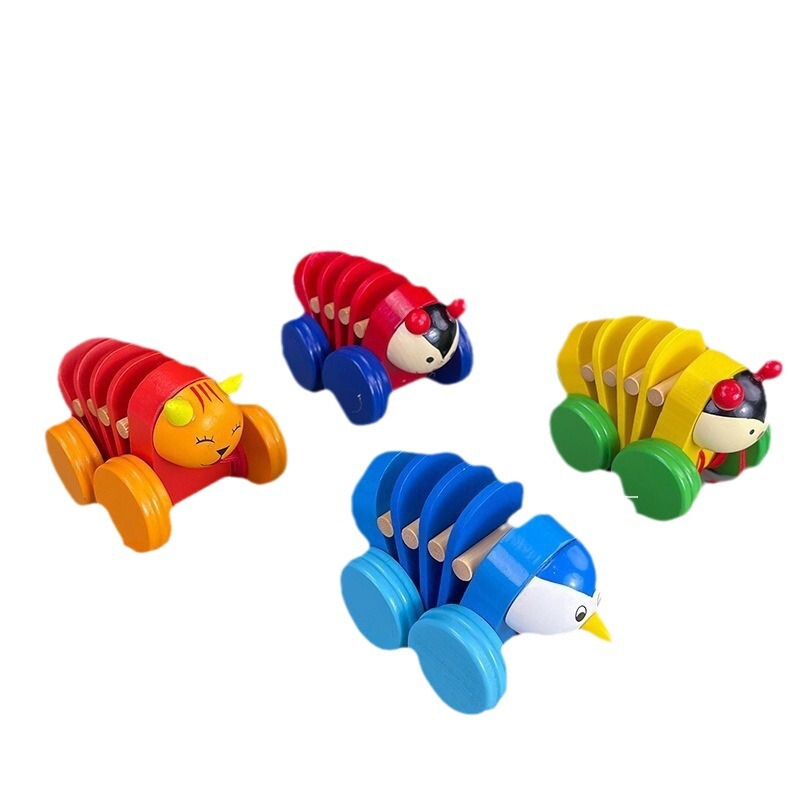 木のおもちゃのケーブル車の卸売りの子供の早教の益智のおもちゃの漫画の動物はドラムを引いてケーブル車を牽引します。|undefined