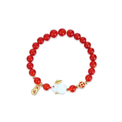 Chinese Style New Red Bead Wealth Attracting Jade Rabbit Bracelet Fashion Rabbit Bangle Gift for Girlfriend and Friend on New Year