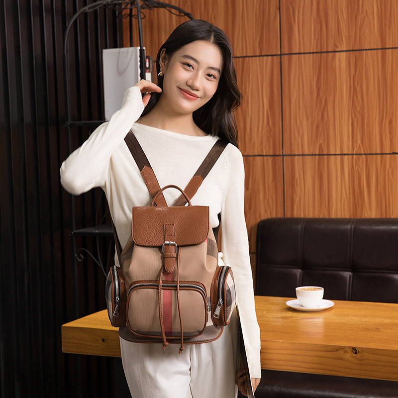Plaid británico mochila femenina 2024 lona doble bolsillo viaje mochila bolsa cordón chica