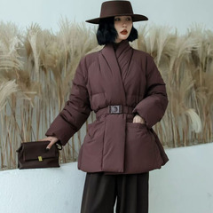 跨境秋冬新款腰带扣款中长款羽绒服女时尚束腰显瘦加厚V领外套潮
