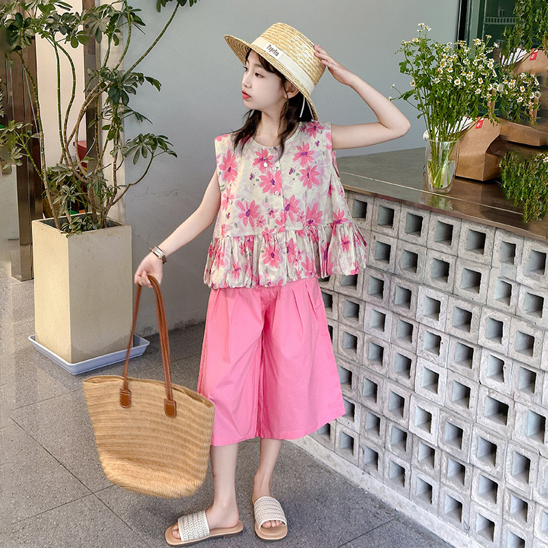 Und Mädchen Sommer Kleidung 2024 Neue Mittlere bis Große größe Floral Überkleidung, Bein Hosen, kinder Countryside Stil Zwei_voghion.com
