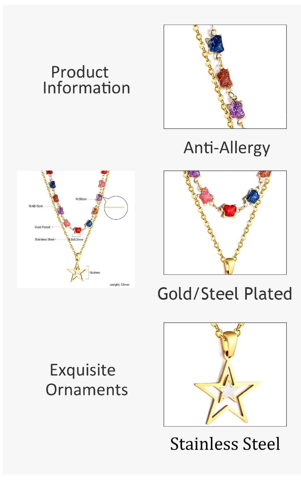 Style Ig Star Forme De Cœur Acier Inoxydable Acier Au Titane Placage Incruster Cristal Artificiel Collier En Couches display picture 3