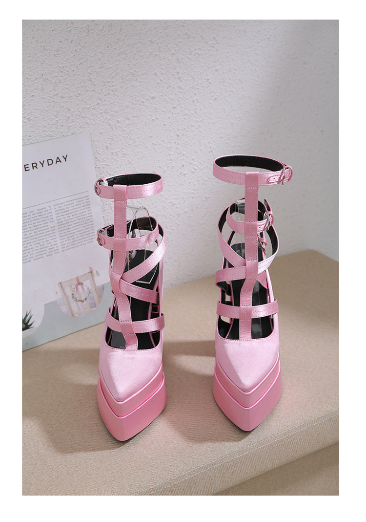 Giày cao gót nữ mũi nhọn satin gót dày đi catwalk — Màu hồng chi tiết 8