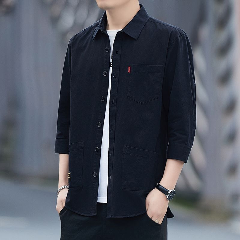 Camisa de manga tres cuartos de verano suelta de algodón 100% de alta gama, camisa de manga corta de herramientas casuales para hombres, chaqueta de manga media