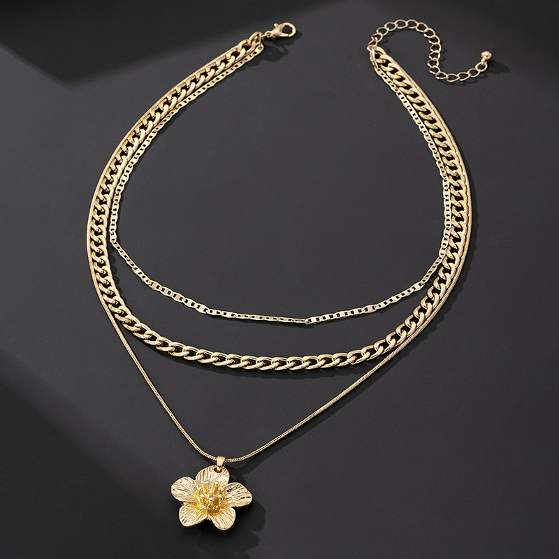 Collier pendentif fleur plissée dorée, tendance européenne et américaine, pour femme, style multi-rangs._voghion.com