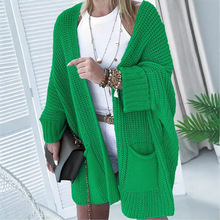 跨境秋冬式针织衫速卖通口袋开襟大码毛衣外贸宽松毛衫外套大衣女