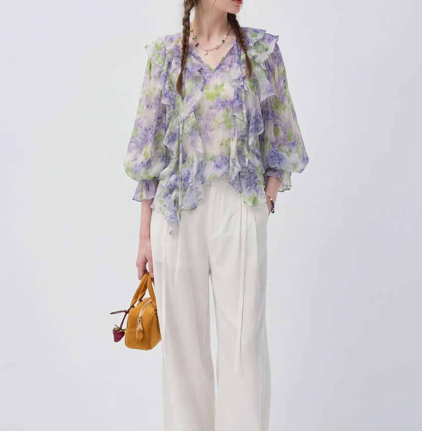 Áo sơ mi chiffon in hoa VEGA CHANG tay dài viền lá sen — Yên Hà Tử chi tiết 2