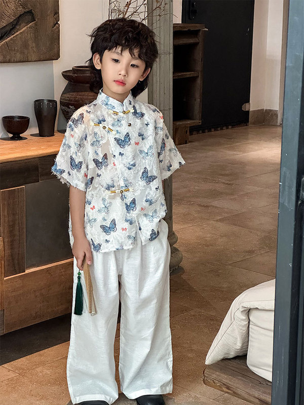 2025新中式儿童套装 男童蝴蝶提花上衣 + 白色棉麻阔腿裤一件代发|undefined