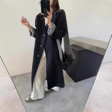 韩系秋冬新款双色开衫配包包双面羊毛大衣宽松型加长款毛呢外套女