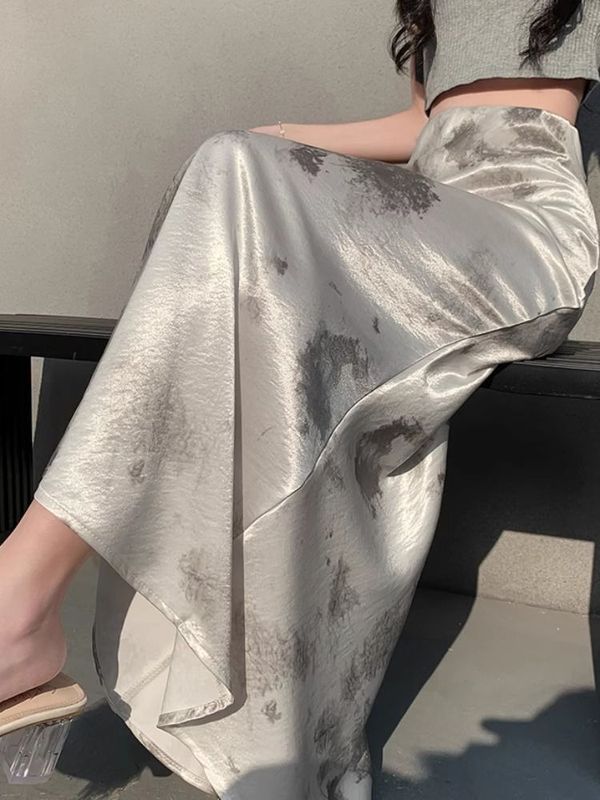 专供抖音新中式国风水墨画高级感缎面女修身显瘦2025夏新款鱼尾裙|undefined