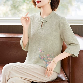 妈妈夏装棉麻套装国风小衫2026新款母亲节中老年女装纯棉气质上衣