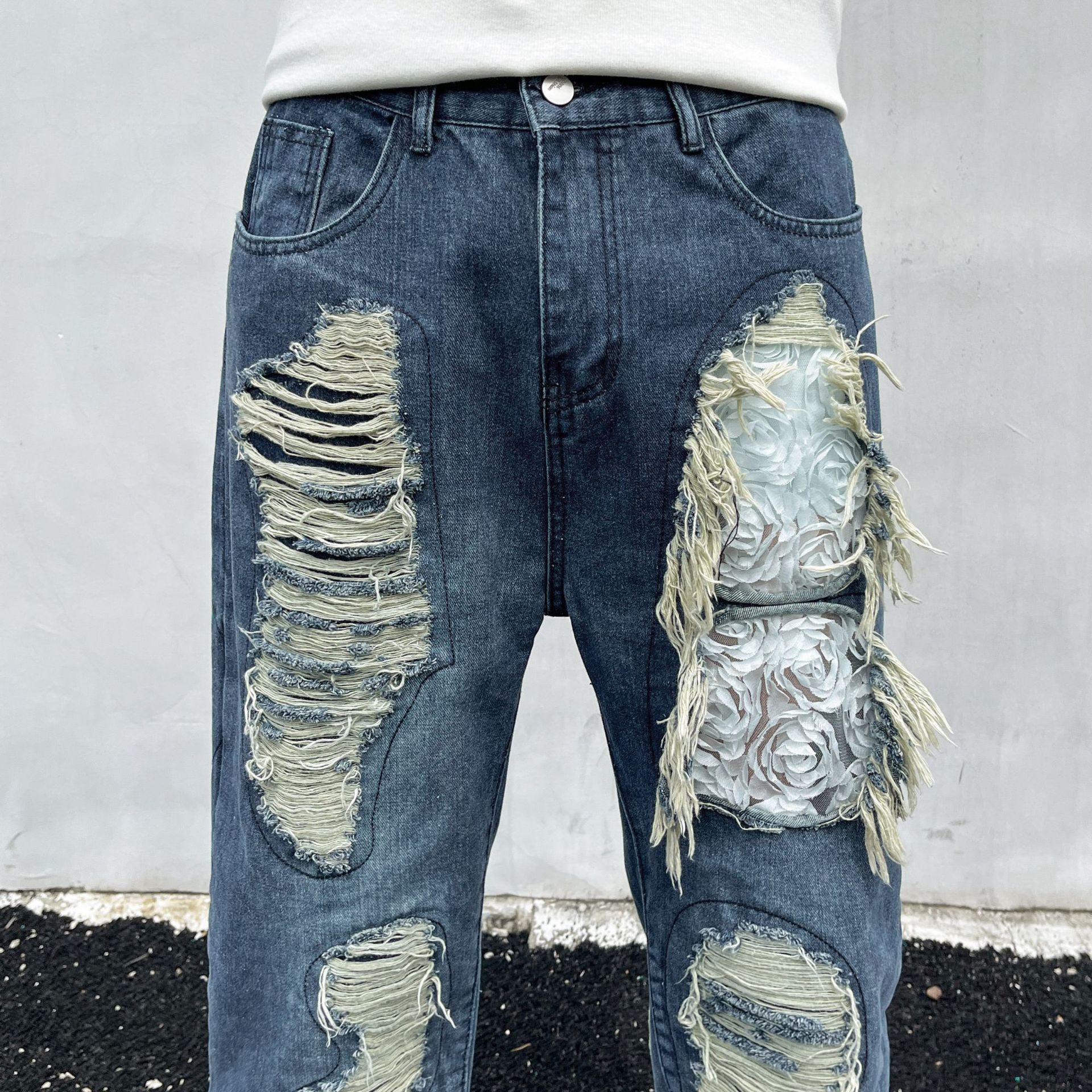 Tie-Dye Ripped Jeans For Men And Women American High Street Vintage Washed Slim Fit Flared Pants_mkmklike.com