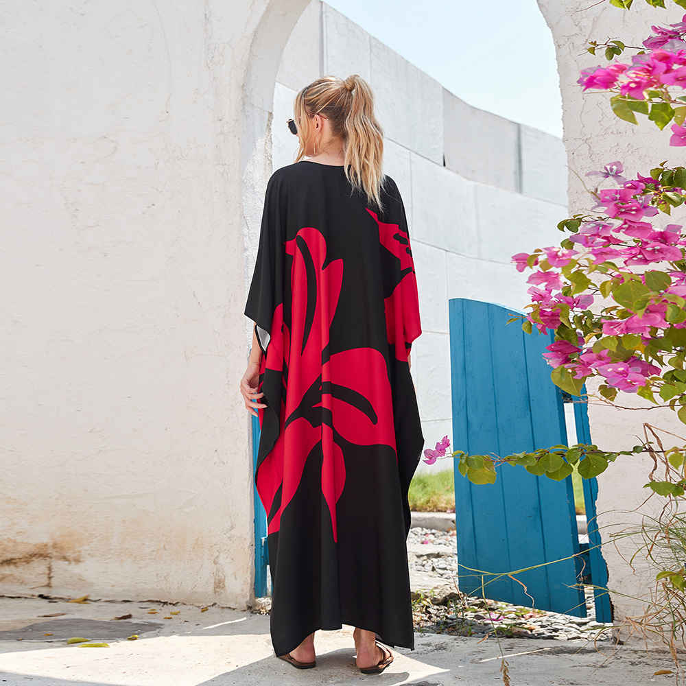 2 colores transfronterizos nuevo impreso manga Batwing bata suelta más tamaño vacaciones playa vestido bikini cubierta hasta 3907